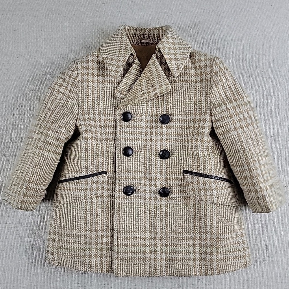 Vintage Child's Wool Plaid Coat w Hood & Cap | Unisex 2T–3T | Tan Cream Check